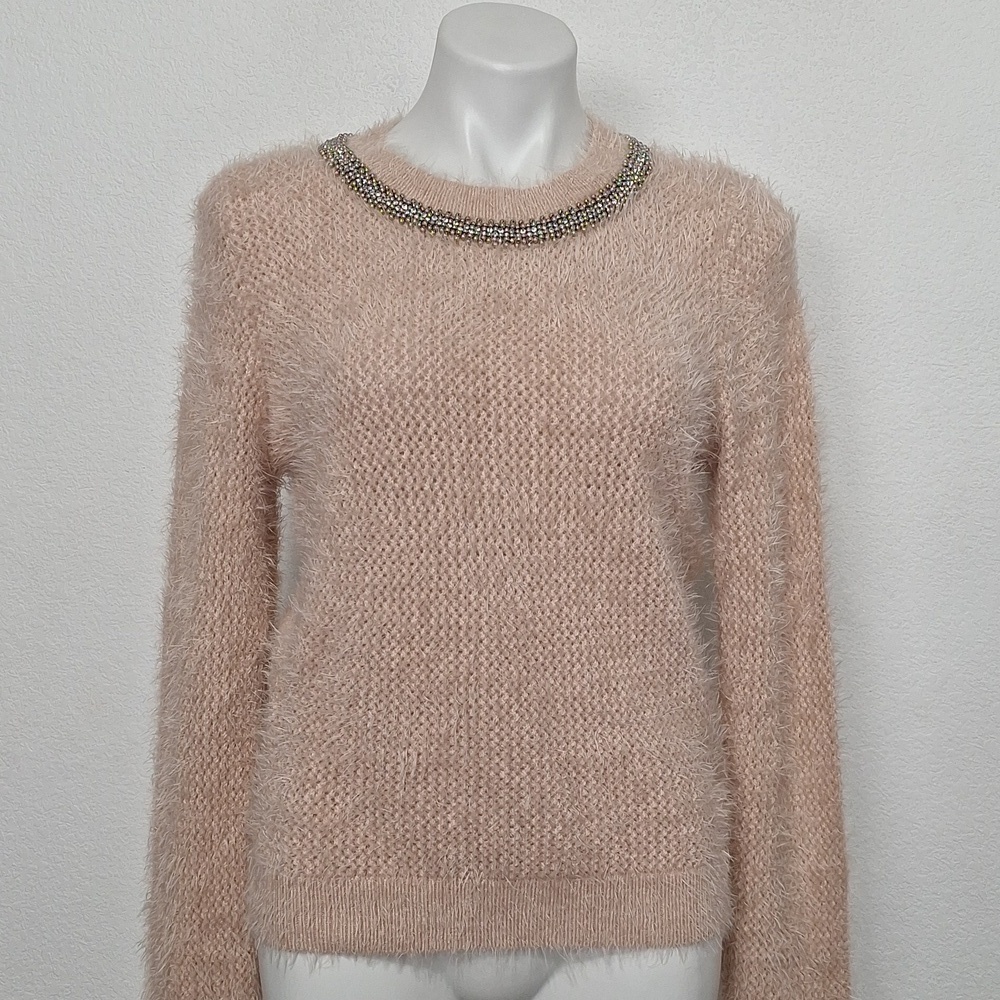 Forever 21 “NEW” Silver Pink Rhinestone Embellished Coquette Sweater Top Size L